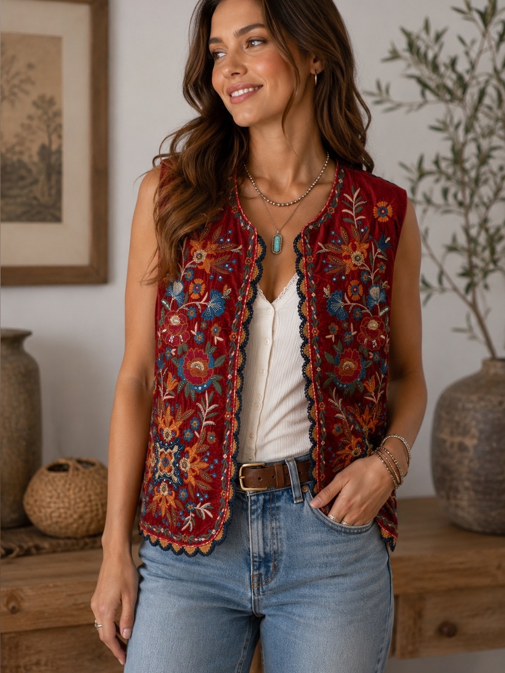 John Mark Embroidered Velvet Vest Plaid Patchwork Boho Open Front Size M